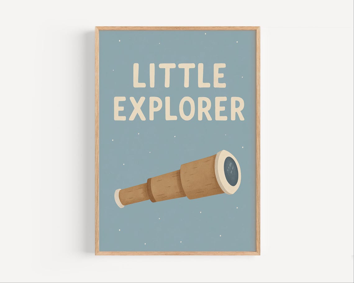 Little Explorer Telescope Blue Nursery Wall Decor Poster for Kids