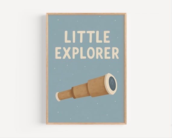 Little Explorer Telescope Blue Nursery Wall Decor Poster for Kids