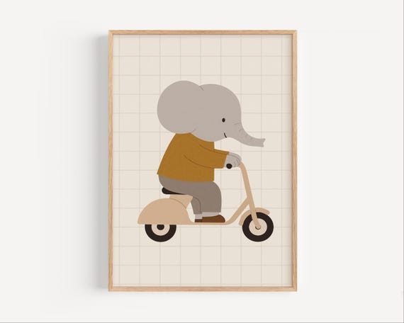 Elephant On Scooter Nursery Print Cute Safari Animal Wall Art For Kids Room Modern Scandinavian Poster