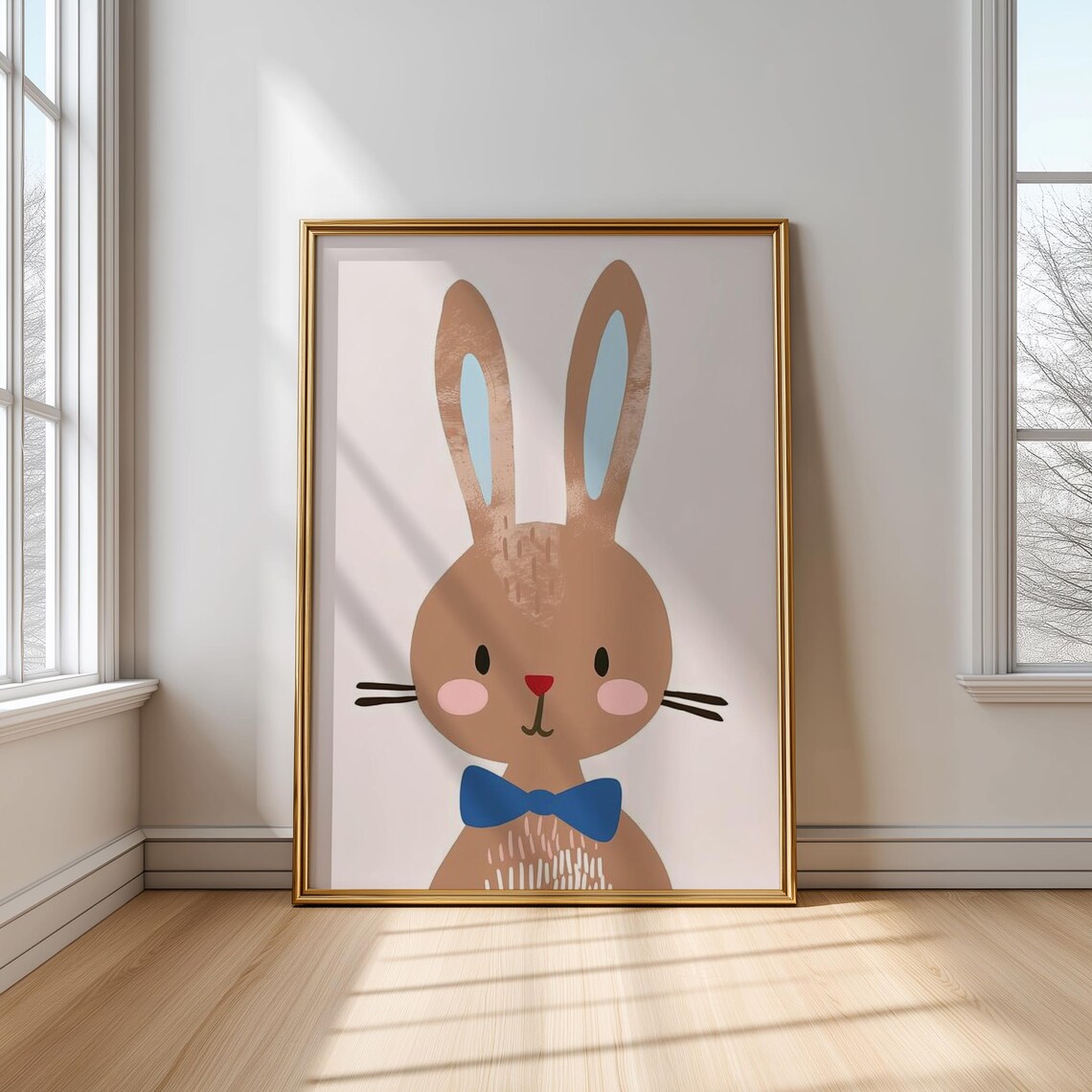 Adorable Brown Bunny With Blue Bow Tie Nursery Kids Room Poster