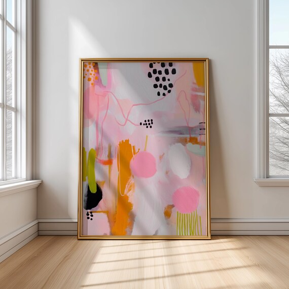 Abstract Modern Wall Art In Pink Orange And Lime Feminine Colorful Painting Contemporary Canvas Print For Living Room Or Office
