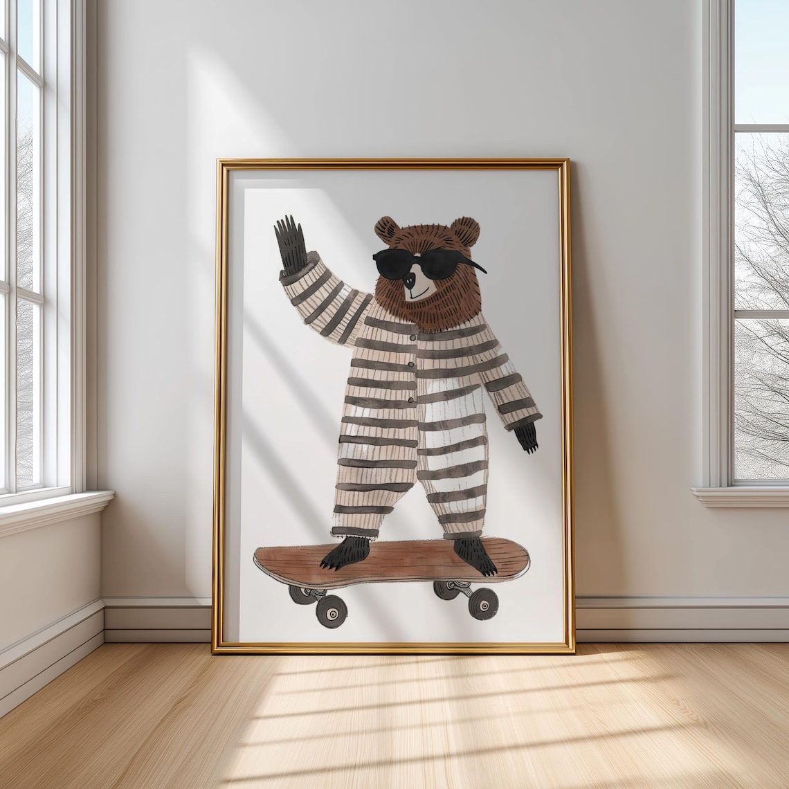 Cool Skateboarding Bear In Striped Pajamas Sunglasses Nursery Poster