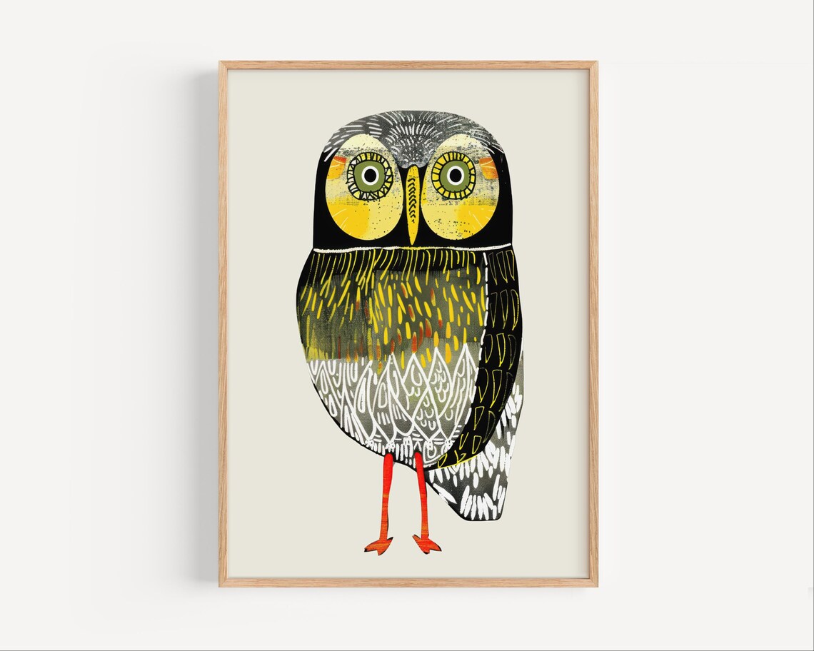 Whimsical Yellow Eyed Owl Poster Cute Bird Illustration Kids Decor