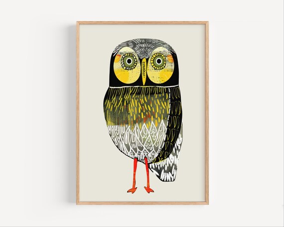 Modern Owl Art Print Abstract Yellow Black Bird Illustration Wall Decor For Nursery Kids Room Animal Lovers