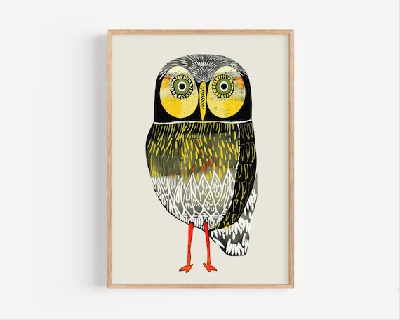 Whimsical Yellow Eyed Owl Poster Cute Bird Illustration Kids Decor