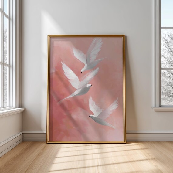 Three White Doves In Flight Over A Blush Pink Sky Art Poster