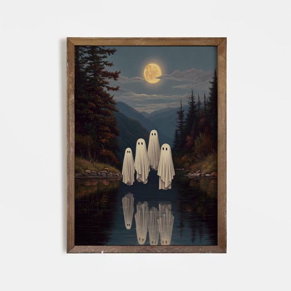 Family Halloween Wall Art Spooky Moonlit Forest Lake Print Cute Ghosts Reflection Poster Haunted Autumn Home Decor
