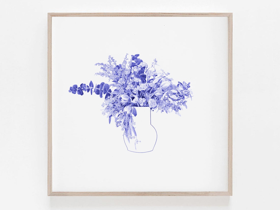 Blue Botanical Flower Bouquet Vase Minimalist Line Art Print