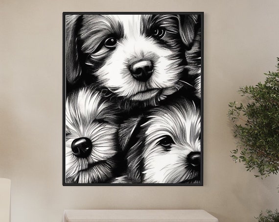 3 Puppies Wall Art Print Line Art High Resolution 300 Dpi
