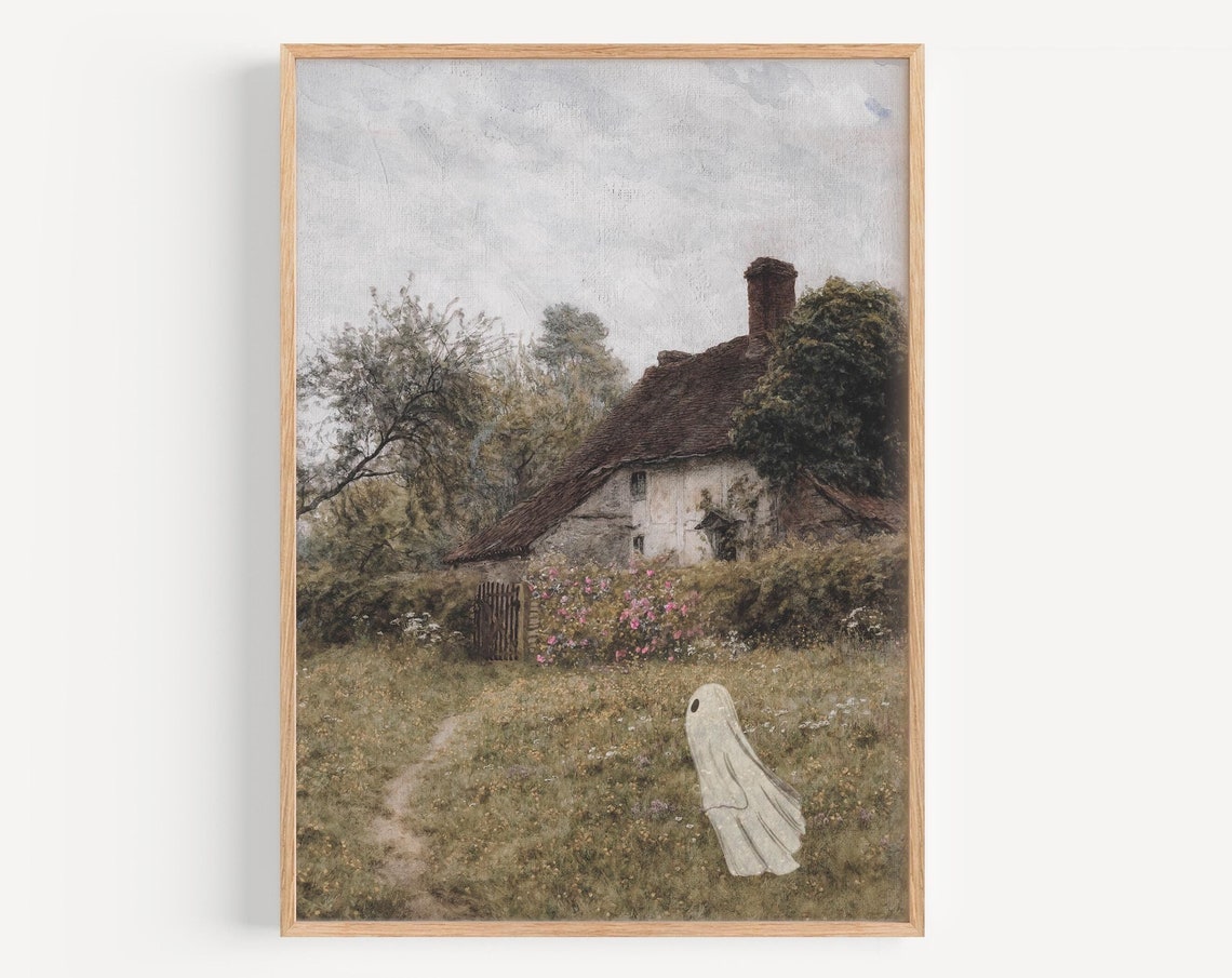 Ghosts In Painting Print Vintage Landscape Poster Halloween Farmhouse Decor Trendy