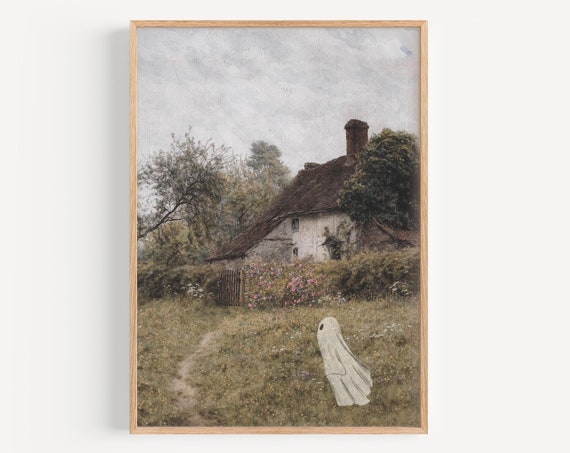 Ghosts In Painting Print Vintage Landscape Poster Halloween Farmhouse Decor Trendy