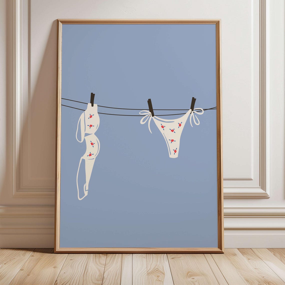Floral Bikini on Clothesline Coastal Blue Minimalist Art Poster