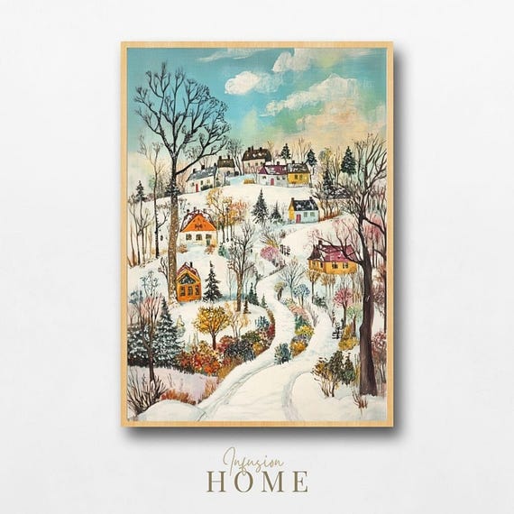 Winter Village Landscape Print Snowy Cottage Illustration
