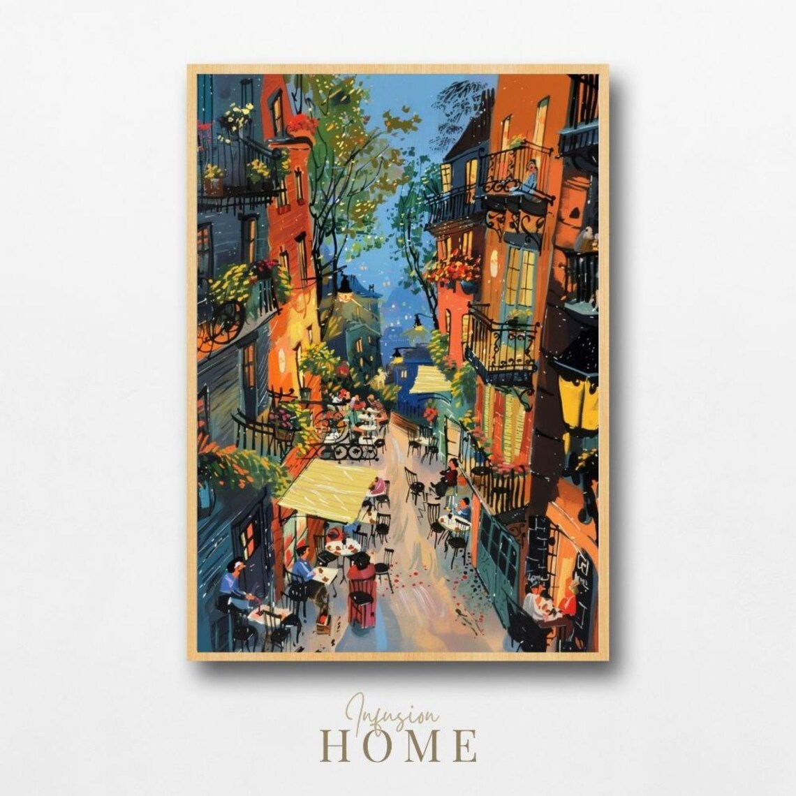 European Cafe Street Balcony Blooms Colorful Summer Scene Print