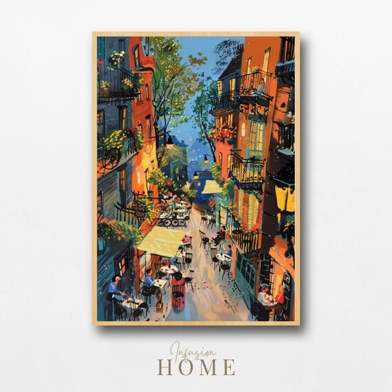 European Cafe Street Balcony Blooms Colorful Summer Scene Print