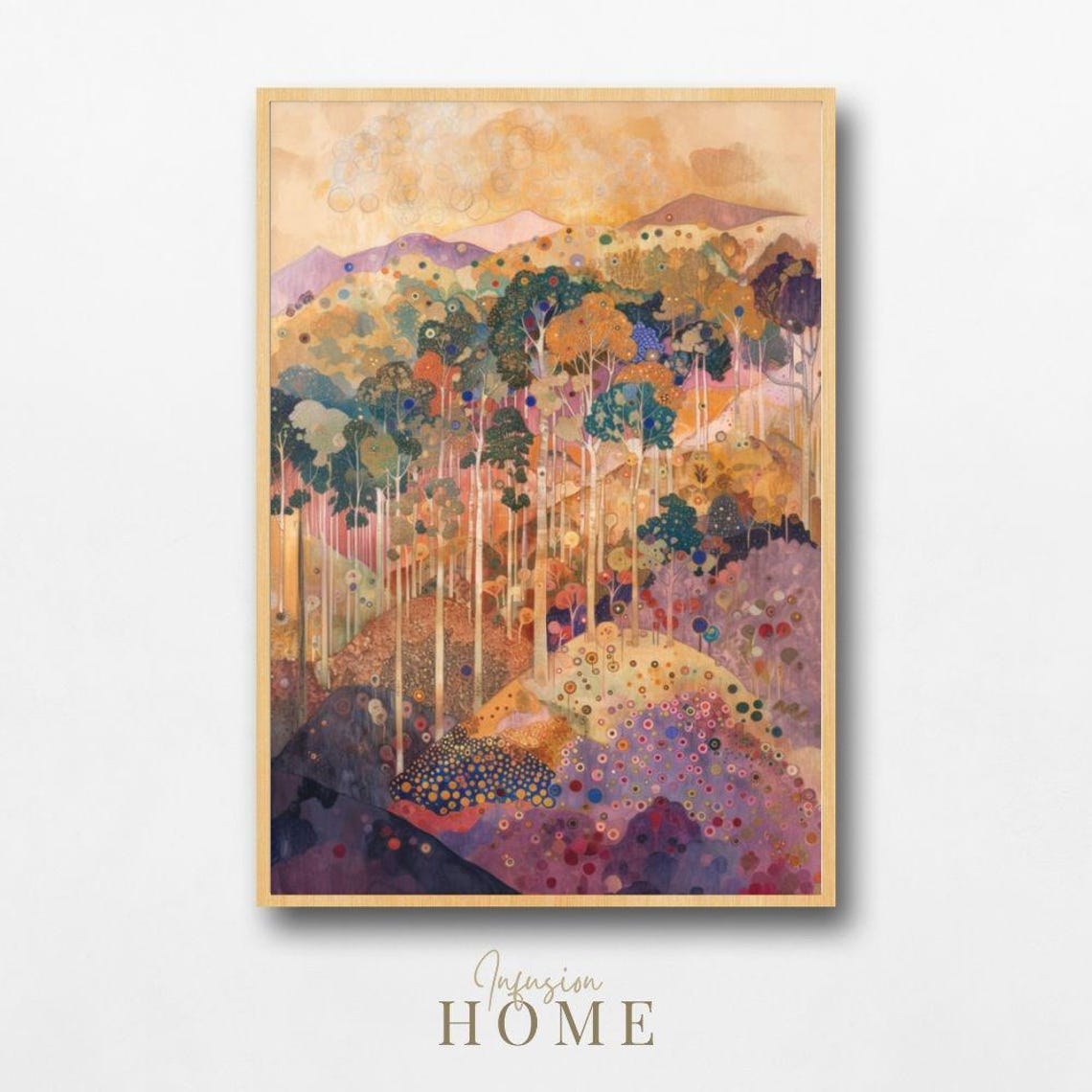 Pastel Sunrise Forest Layered Hills Whimsical Landscape Art Poster