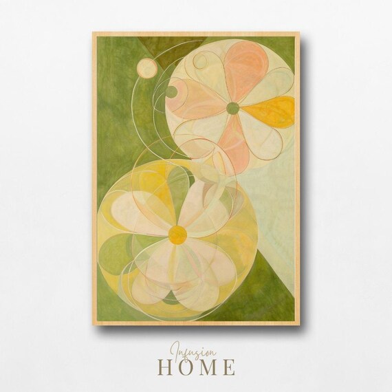 Nordic Floral Abstract Peach Yellow Flowers Green Art Poster