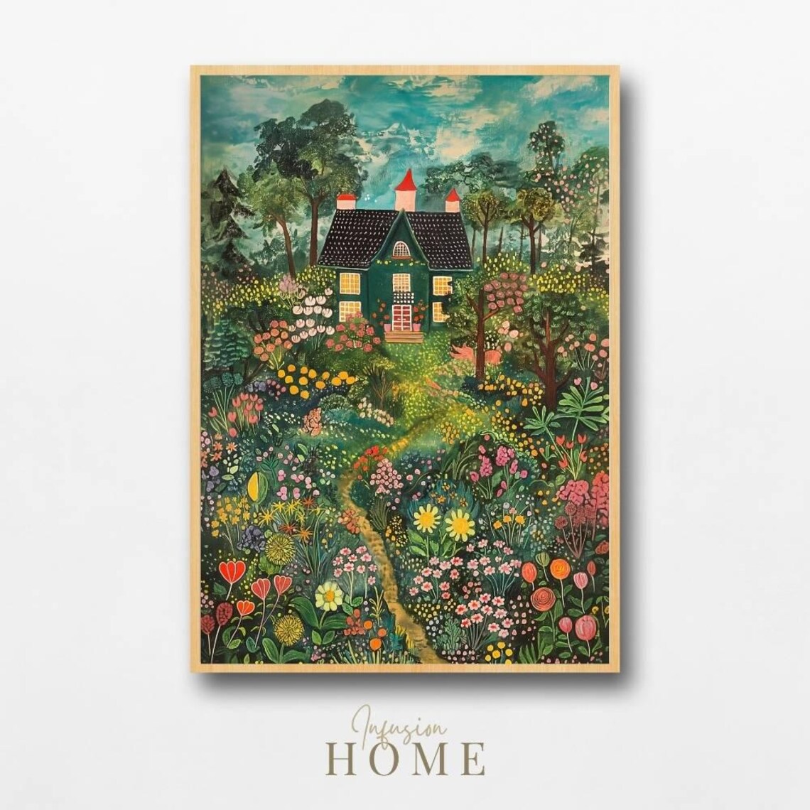 Secret Garden Cottage Whimsical Floral Forest Art Print
