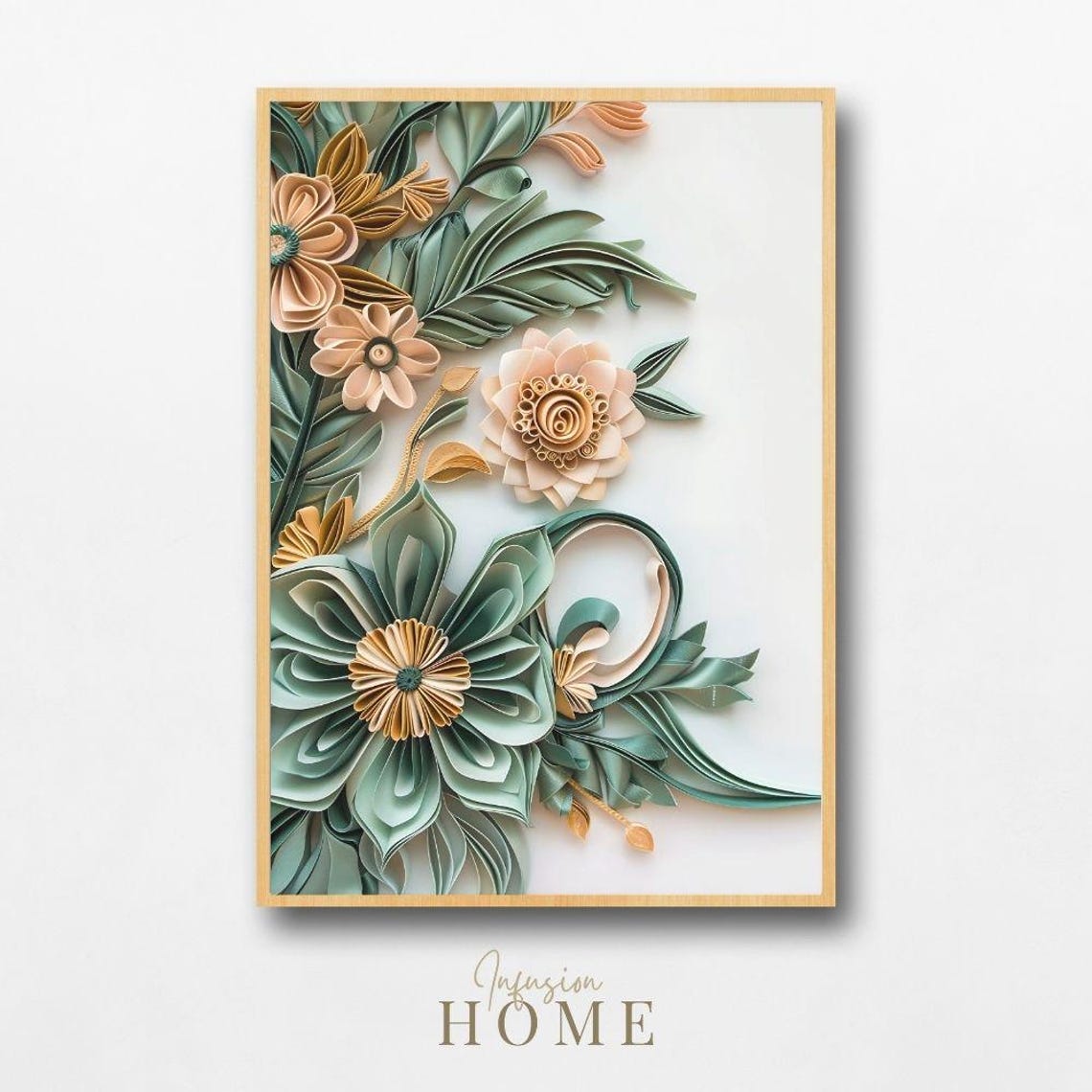 Elegant Sage Green Quilled Paper Cut Floral Botanical Art Poster