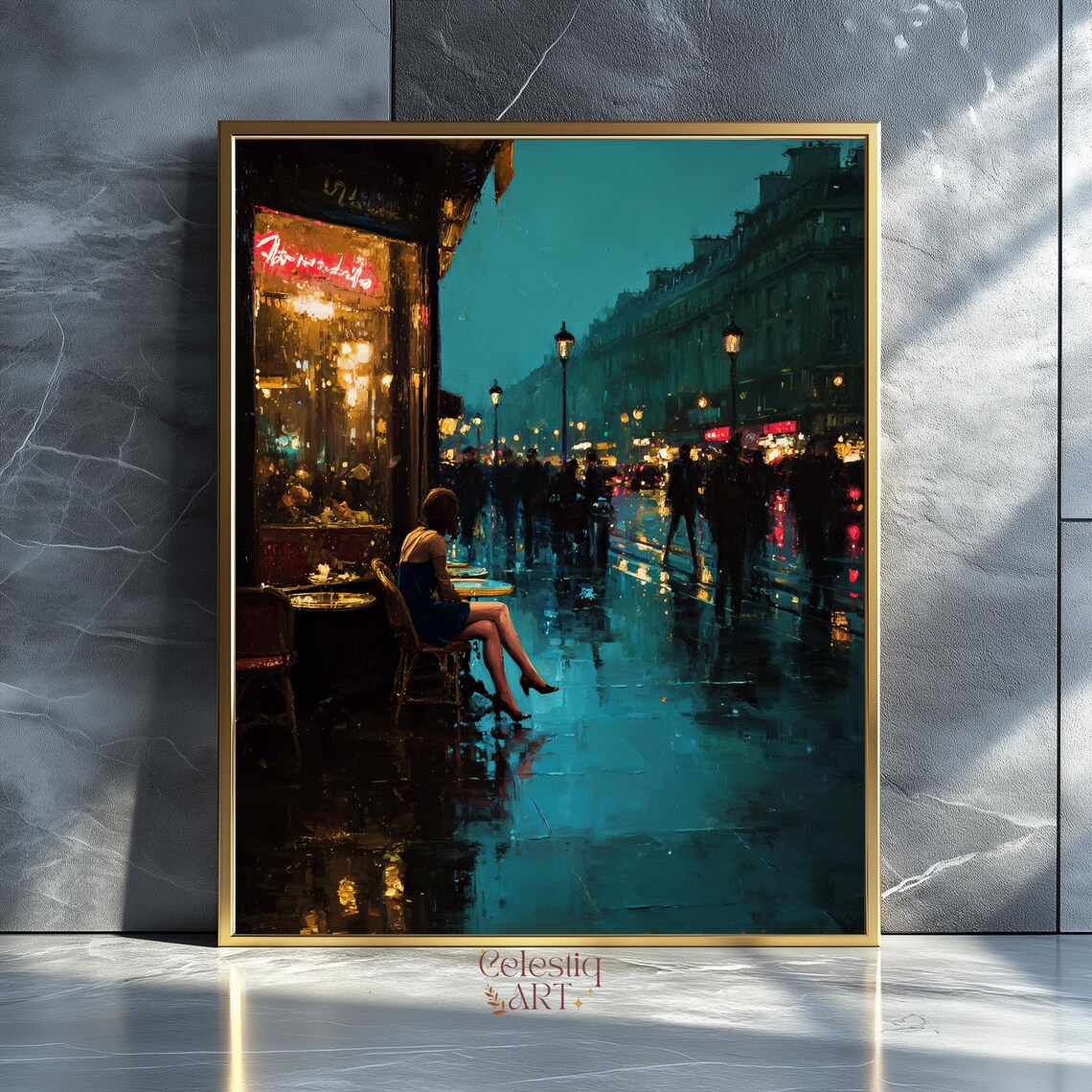 Rainy Paris Street Cafe Night Romantic City Lights Painting Print
