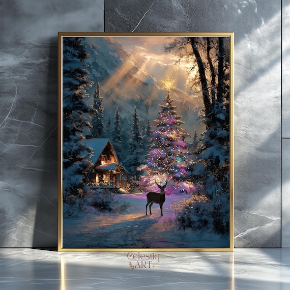 Christmas Forest Cabin Reindeer Glowing Tree Snowy Night Art Poster