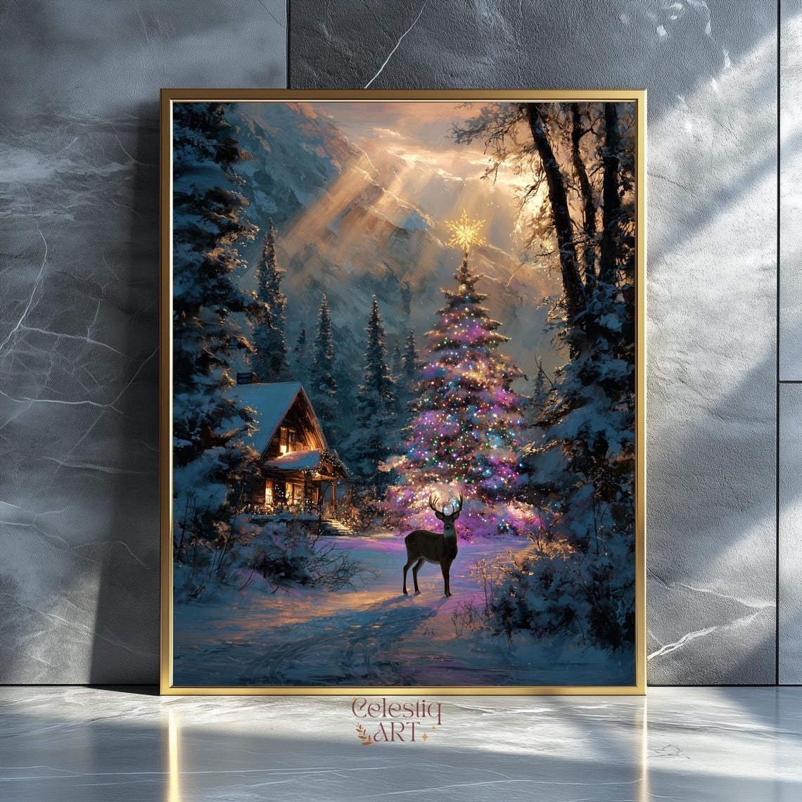 Christmas Forest Cabin Reindeer Glowing Tree Snowy Night Art Poster
