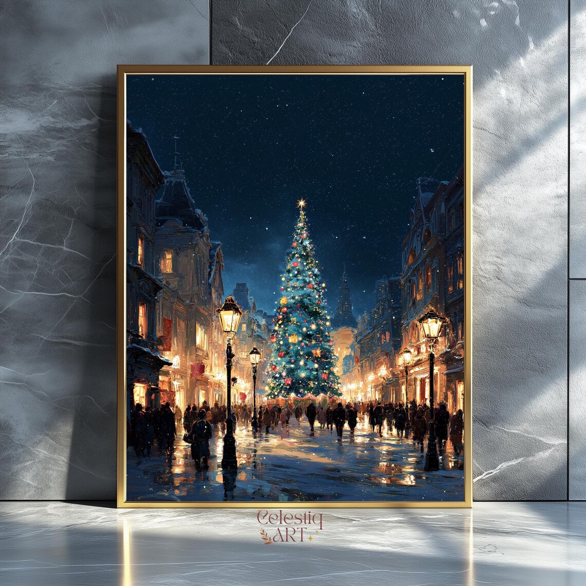 Christmas City Street Night Oil Painting Big Tree Lights Crowd Art Print