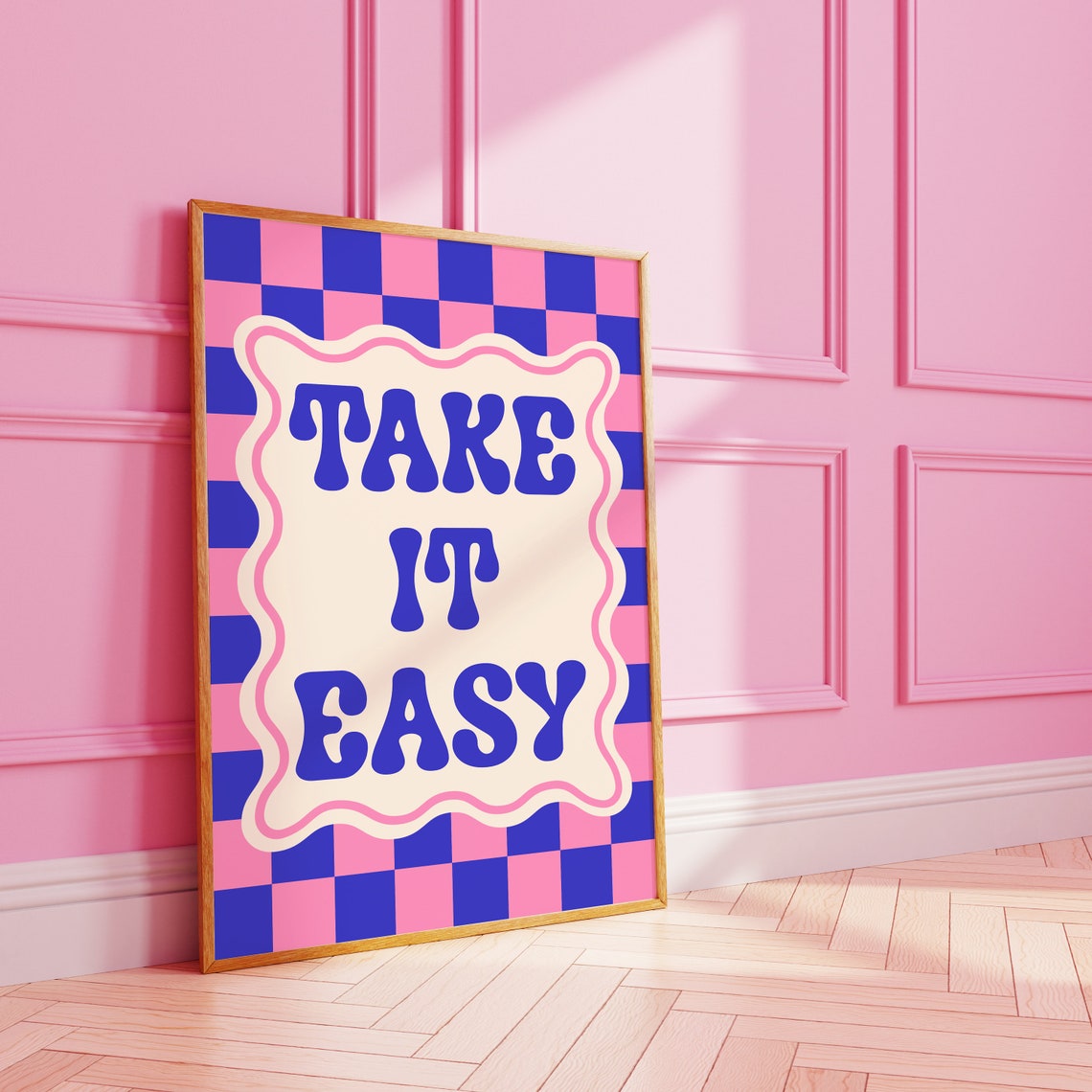 Take It Easy Retro Typography Checkerboard Quote Wall Poster