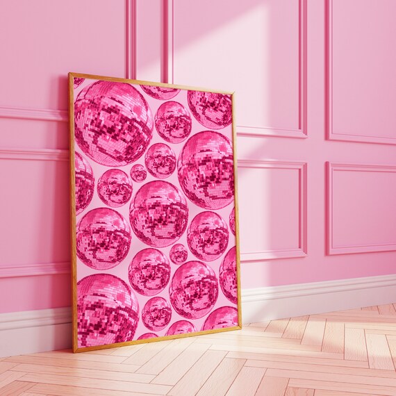 Pink Disco Balls Mirror Pattern Retro Party Room Decor Print