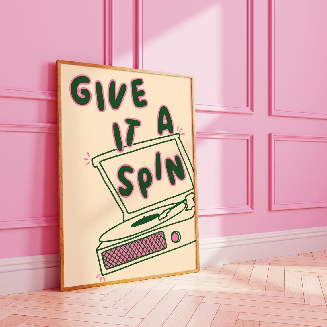 Give It a Spin Retro Record Player Hand Drawn Music Quote Poster