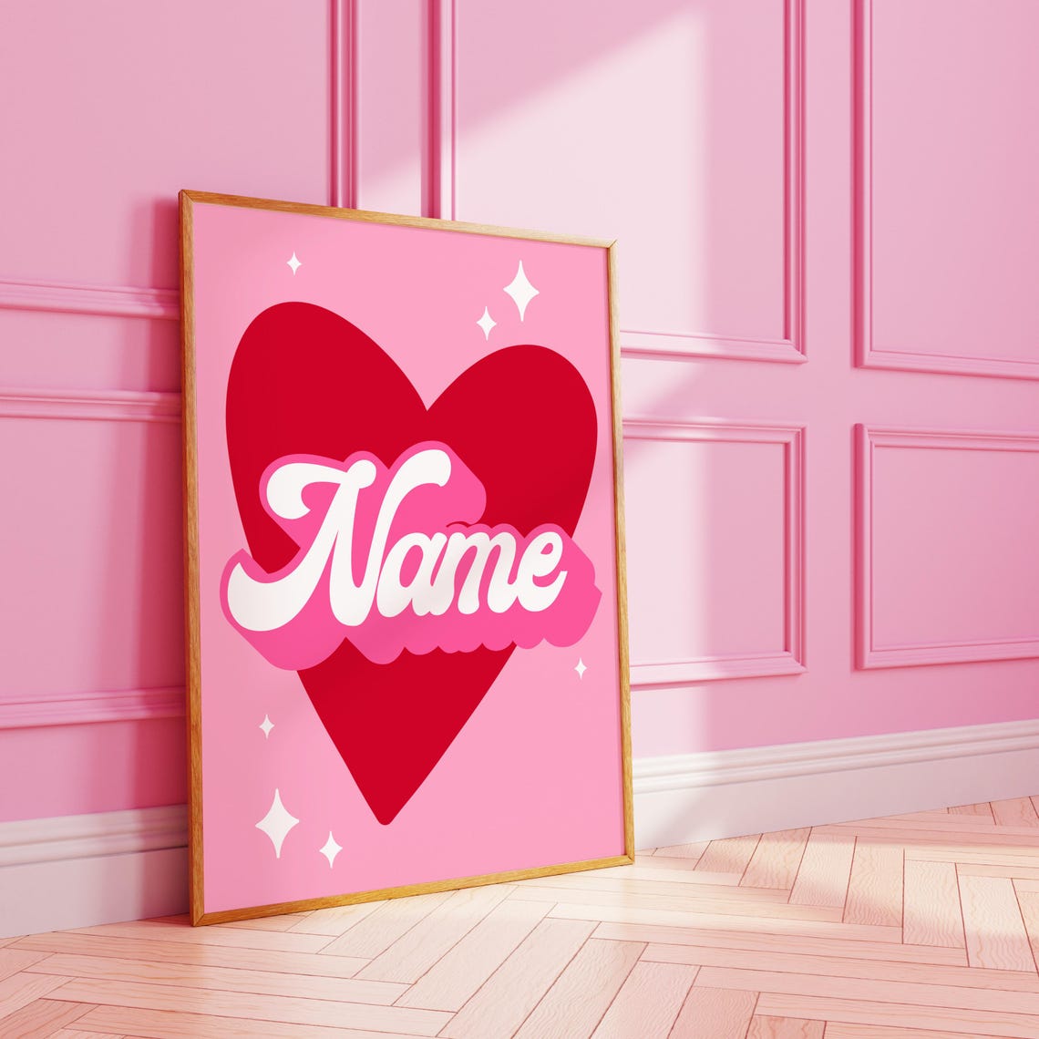 Personalised Pink Heart Name Retro Bubble Letter Art Poster Gift