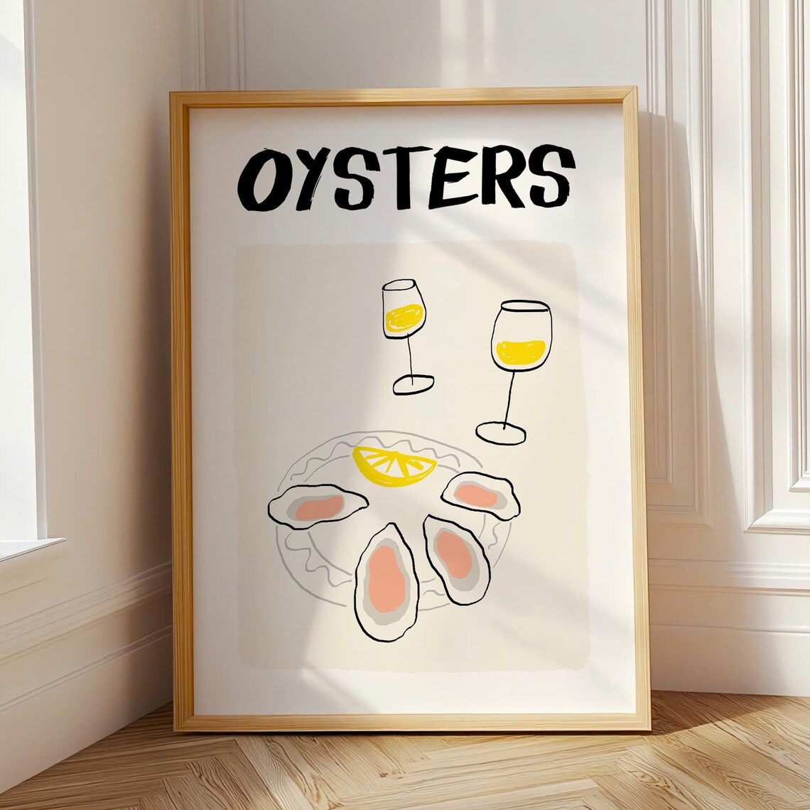 Oysters and White Wine Kitchen Art Poster for Coastal Bar Cart Decor