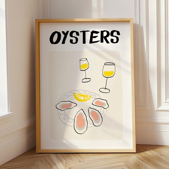 Oysters and White Wine Kitchen Art Poster for Coastal Bar Cart Decor