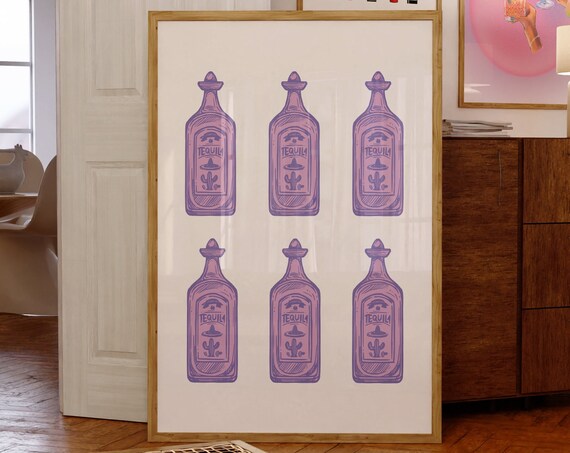 Retro Purple Tequila Bottles Bar Cart Cocktail Kitchen Art Print