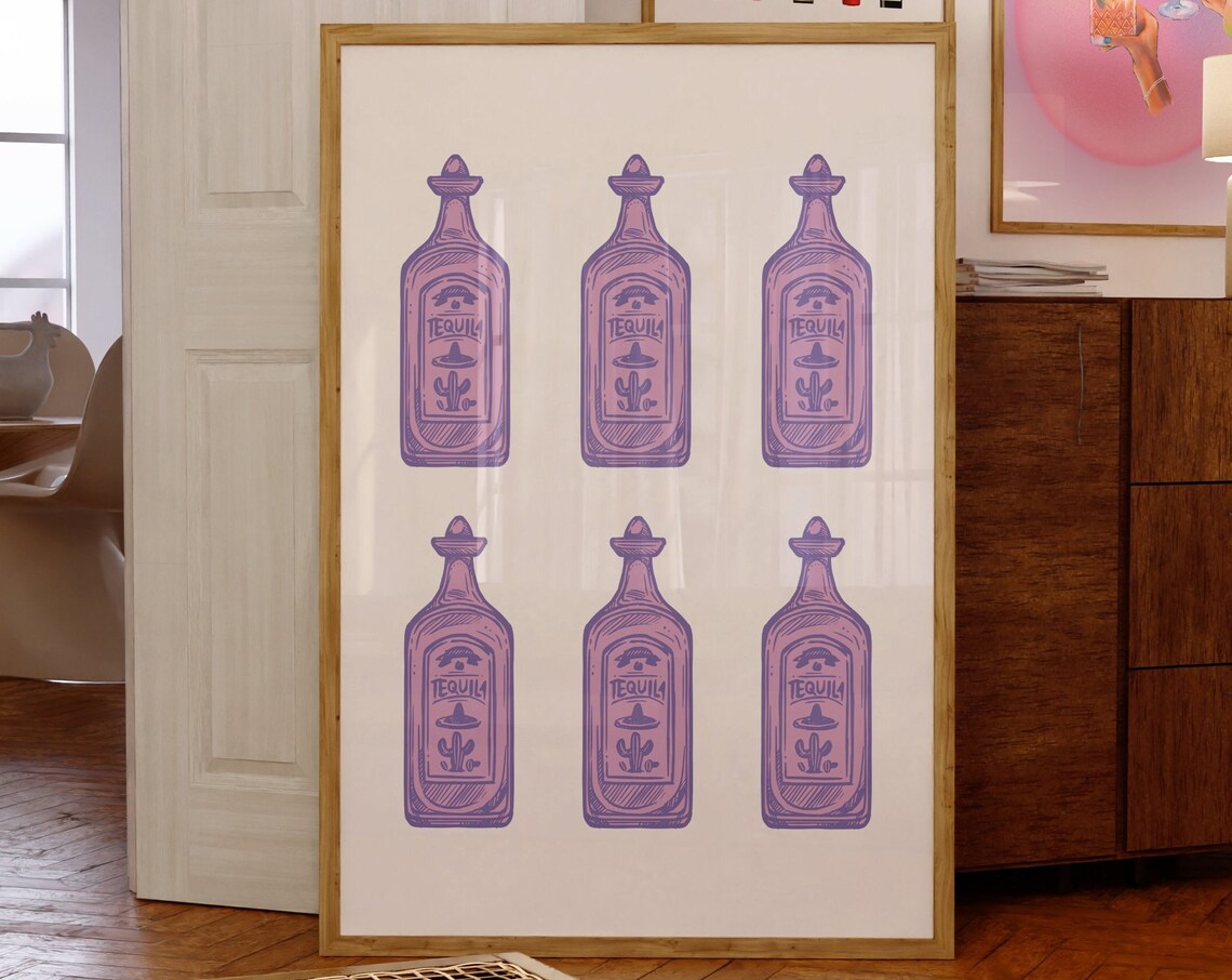 Retro Purple Tequila Bottles Bar Cart Cocktail Kitchen Art Print