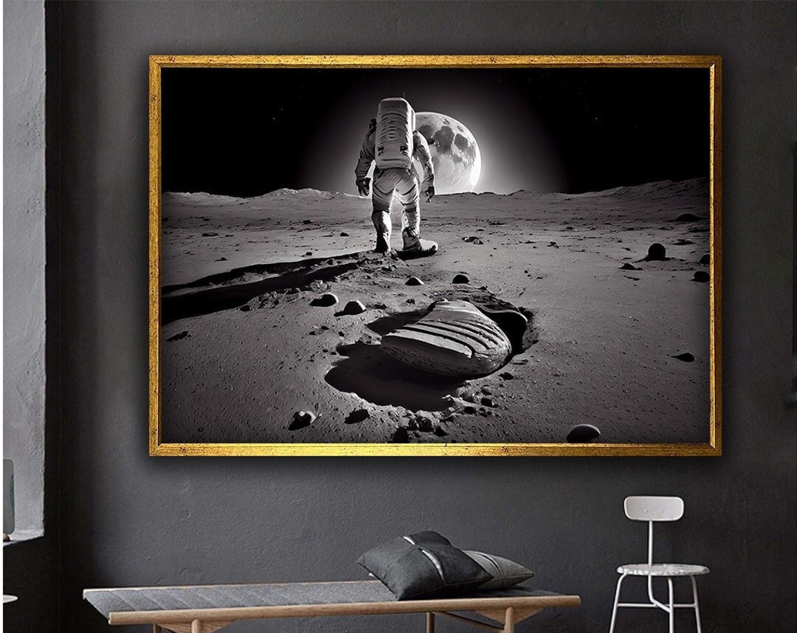 Black And White Astronaut Walking On Moon Giant Moon Space Poster