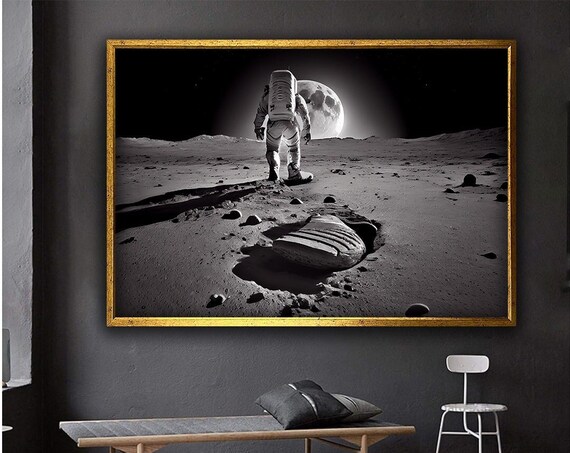 Black And White Astronaut Walking On Moon Giant Moon Space Poster