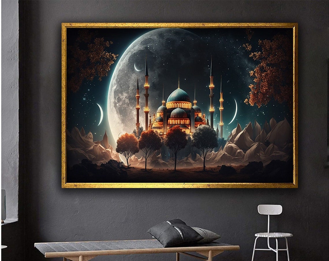 Illuminated Mosque Under Giant Full Moon Starry Night Art Poster