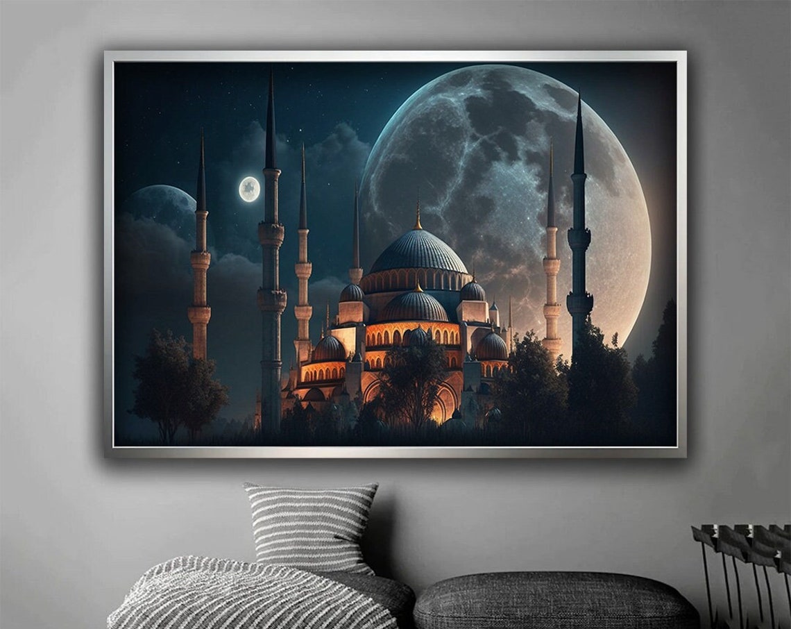 Moonlit Ottoman Mosque Glowing Warm Windows Night Sky Art Poster