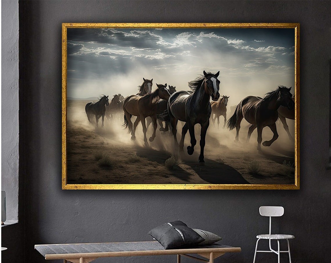 Wild Horses Running Through Dust Storm Dramatic Western Art Poster