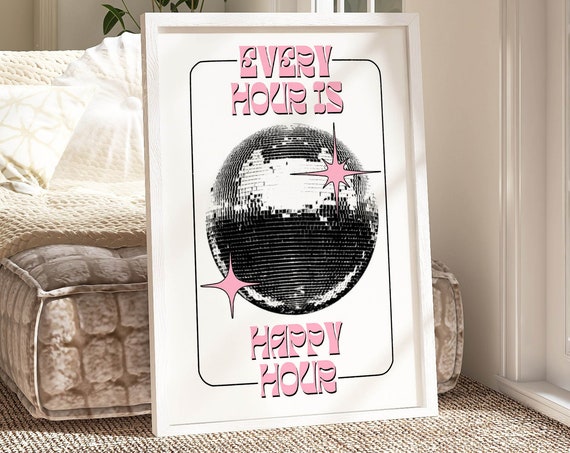 Happy Hour Bar Cart Sign Disco Art Print Funky Decor Preppy Wall Art Disco Ball Decor Retro Funky Wall Art Y2k Poster Aesthetic Room Decor