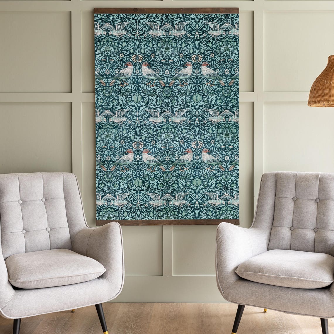 Blue Birds among Foliage William Morris Style Pattern Vertical Poster