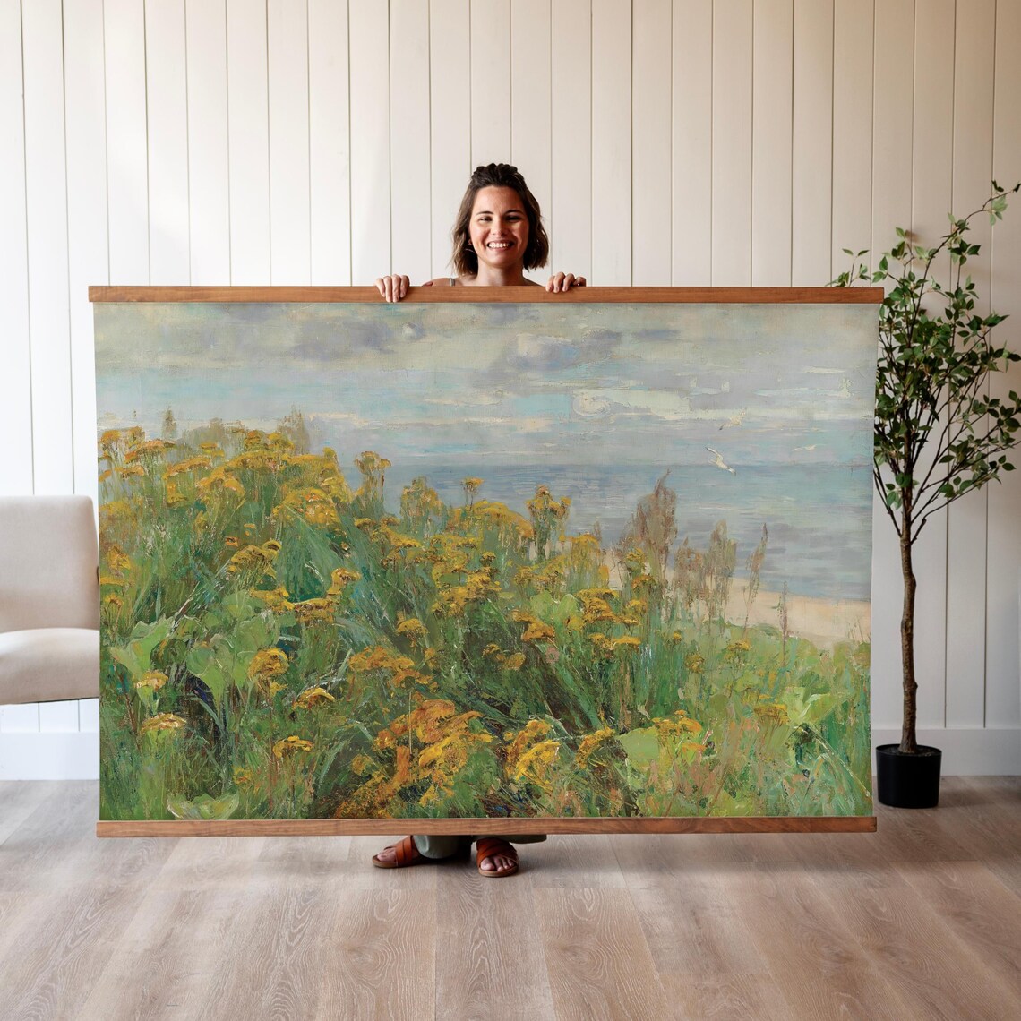 Yellow Wildflowers Sea Coast Vintage Oil Painting Coastal Poster