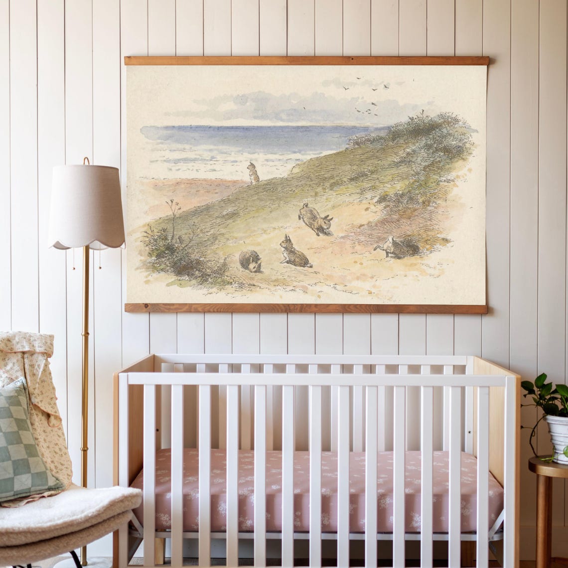 Playful Bunnies Beach Dunes Watercolor Kids Nursery Wall Poster - Image 3