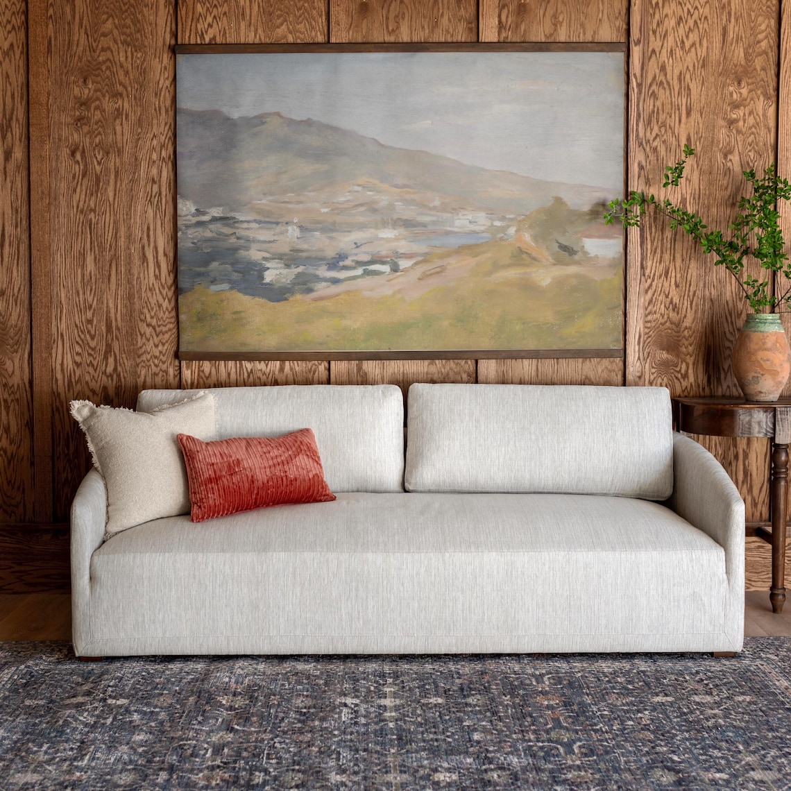 Hillside Village by the Coast Muted Vintage Landscape Painting Poster - Image 2