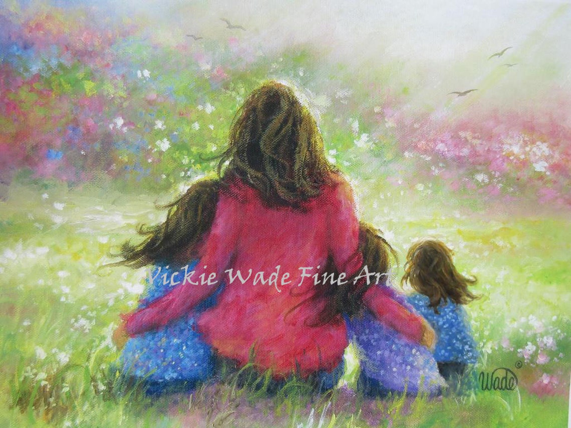 Mother in Red Sitting with Three Daughters in Wildflower Meadow Poster