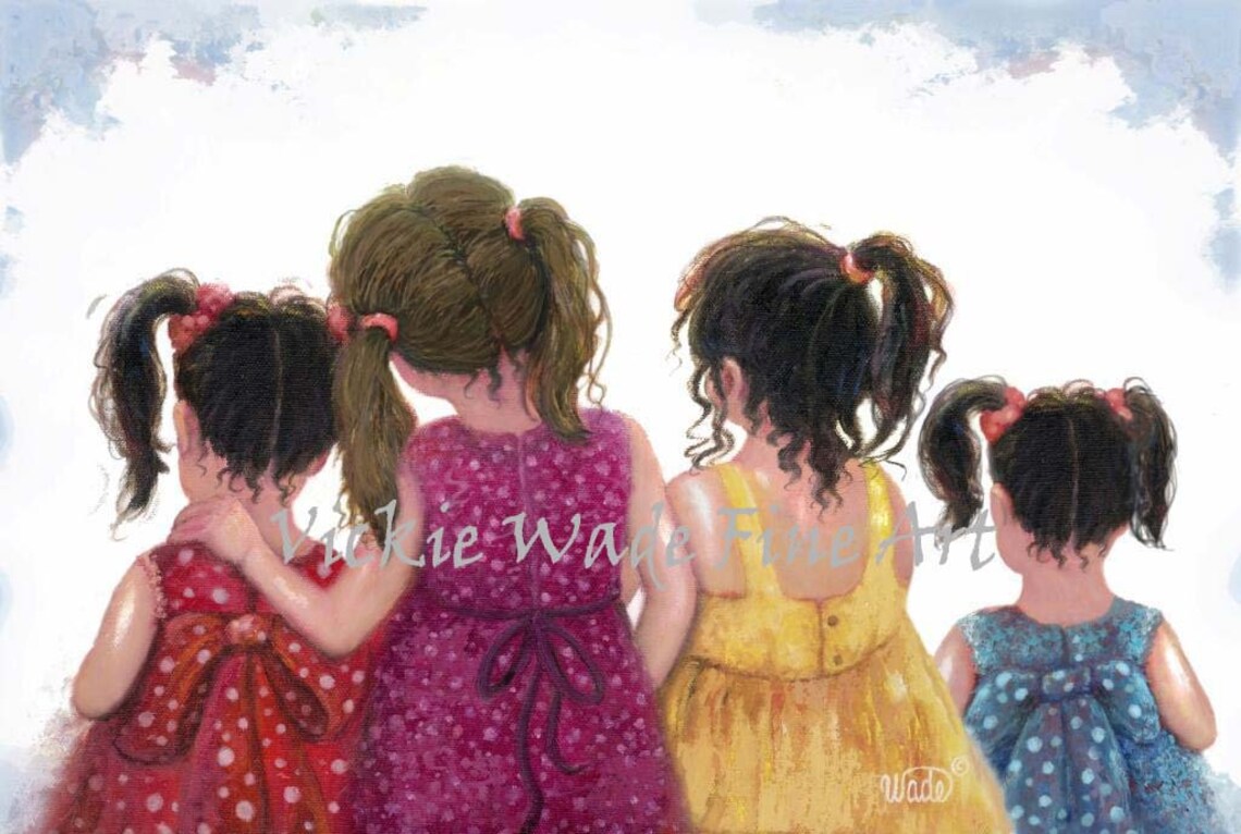 Four Young Sisters in Colorful Dresses Hugging from Behind Poster