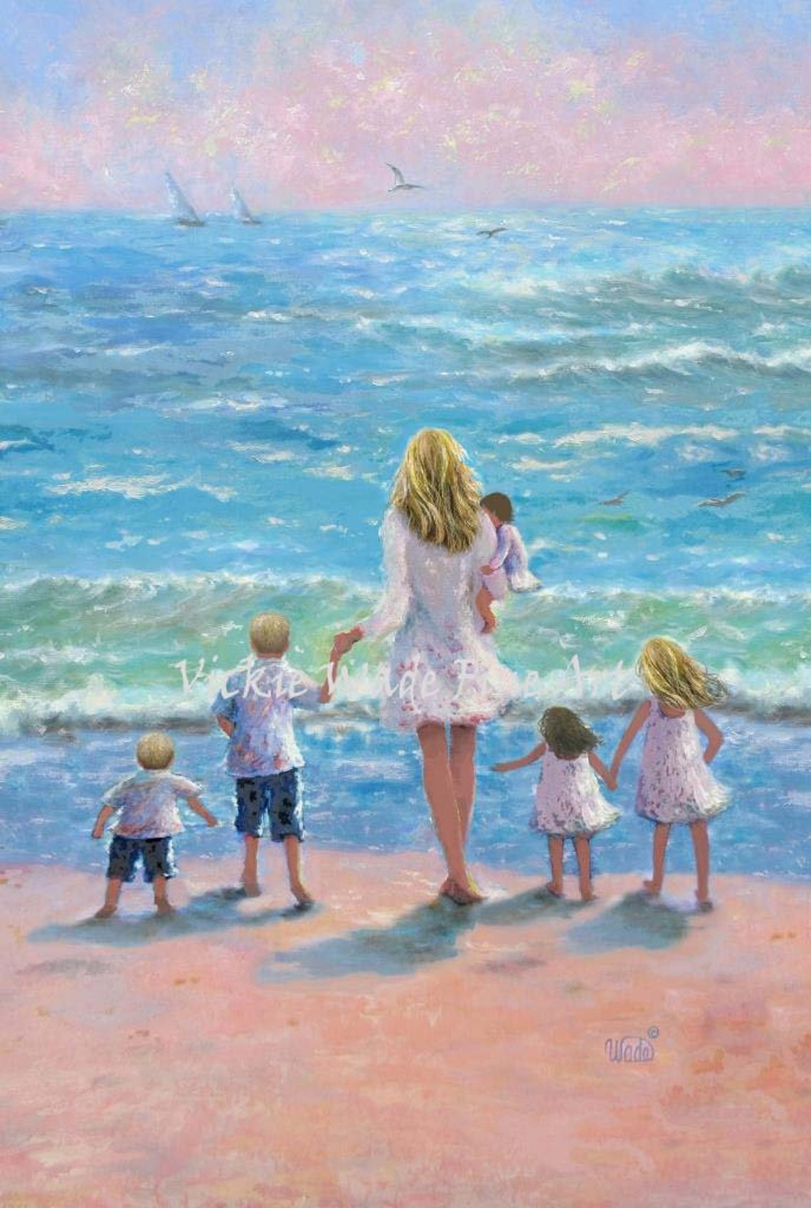 Blonde Mother with Five Children on a Sunlit Beach at Sunset Poster