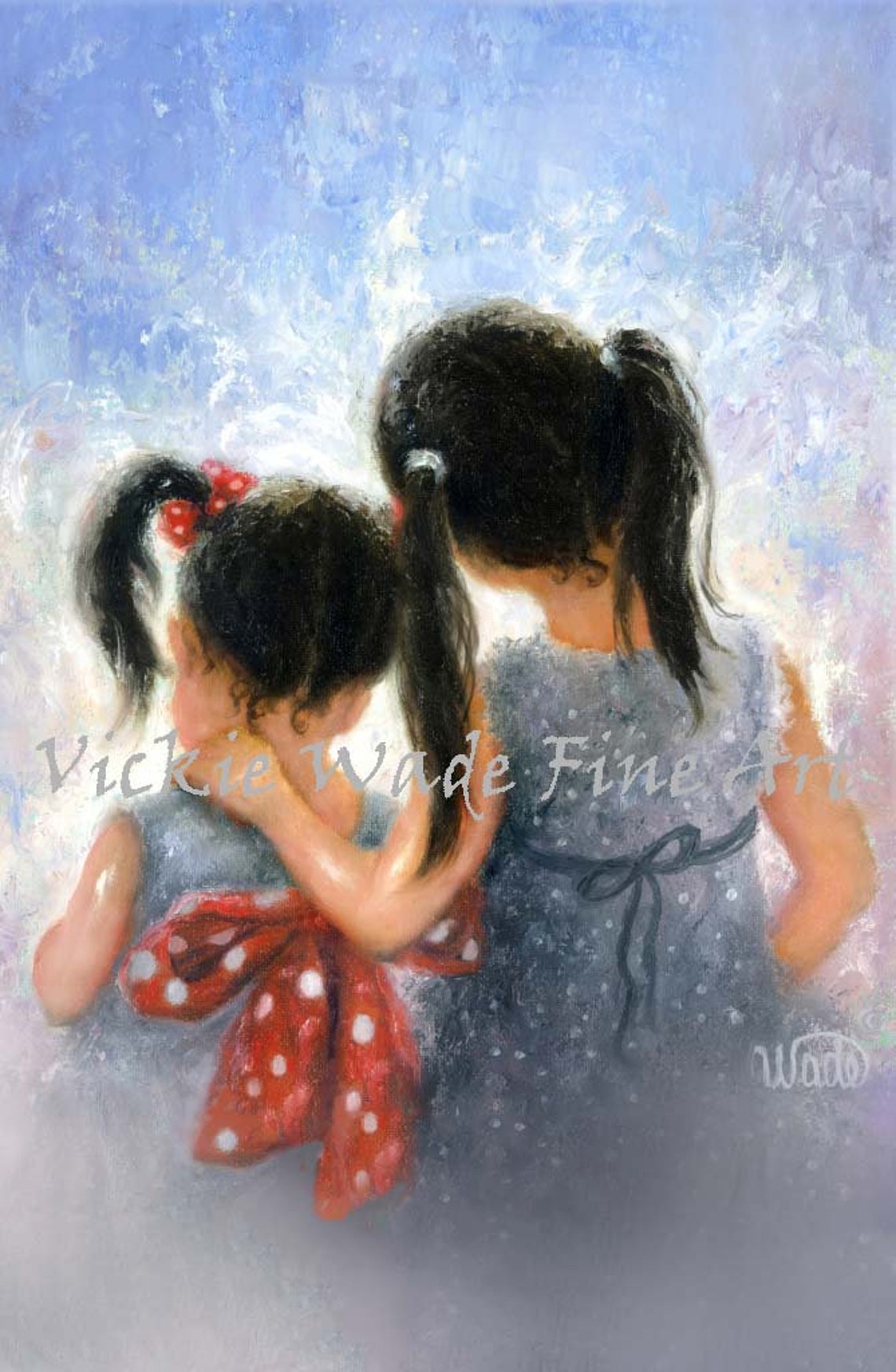 Two Sisters Hugging, Little Girl in Red Polka-Dot Bow Poster