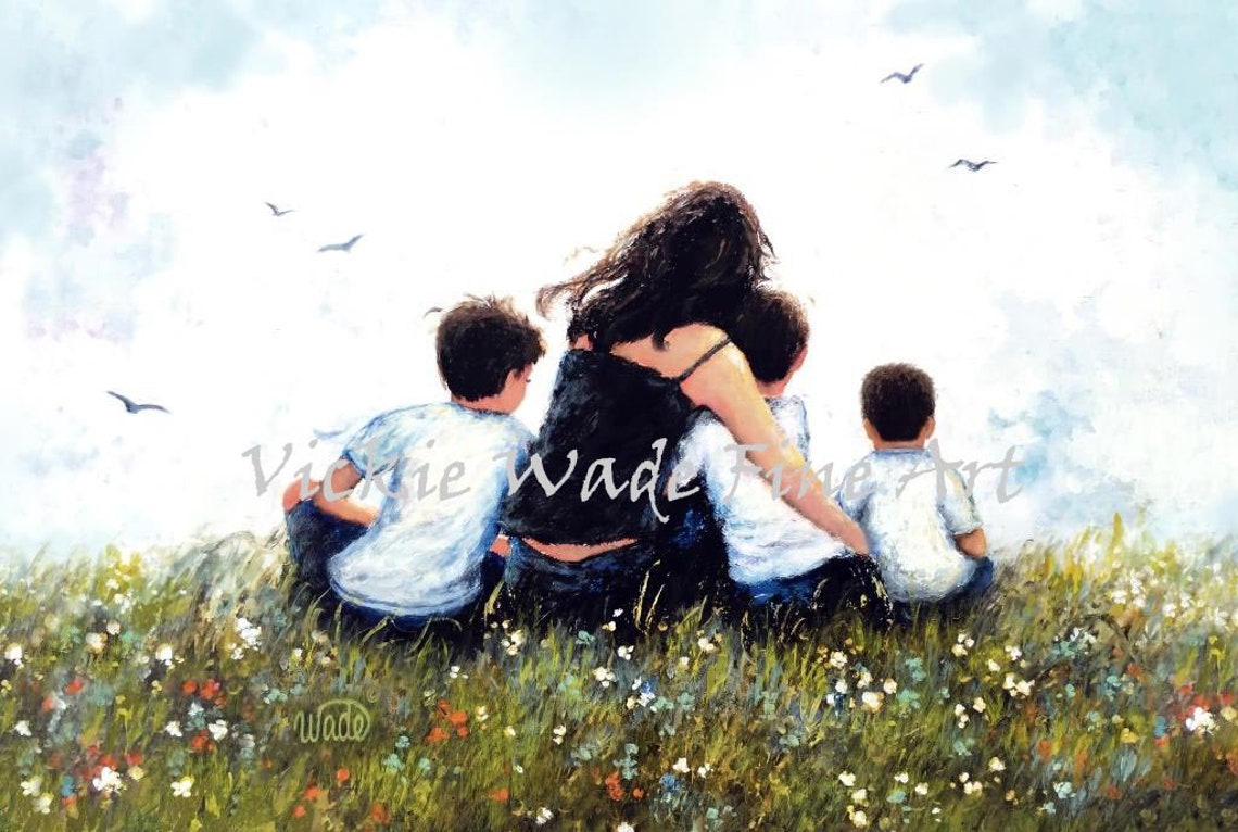 Mother Sitting In A Wildflower Meadow With Her Three Boys Poster